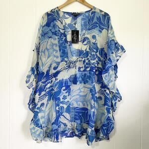 Club Z Collection Blue Foral Sheer Beach Cover Up Dress Women's Large